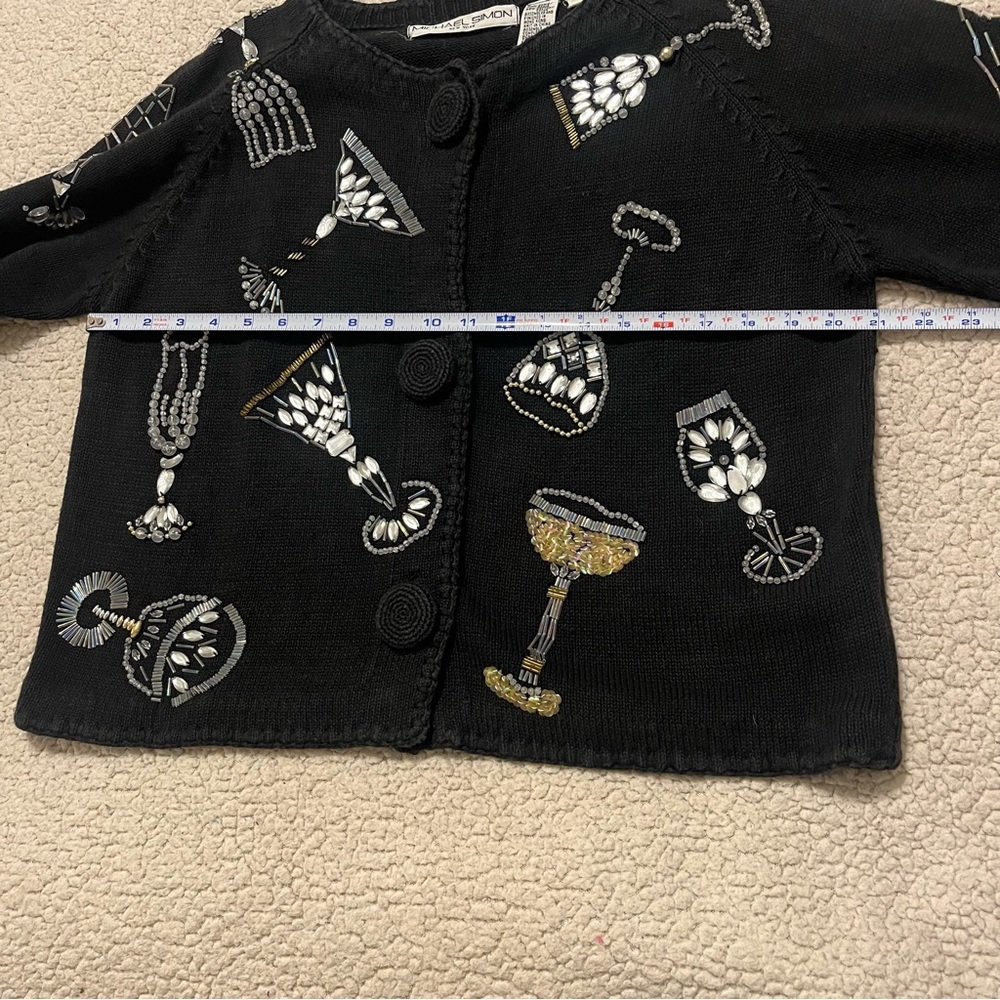 Vintage Michael Simon Cardigan Sweater Black Jeweled Martini Glasses Size M - Picture 13 of 16